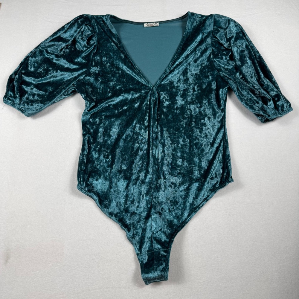 Free People Intimately Bodysuit S Teal Crushed Velvet Puff Sleeve Romantic Goth